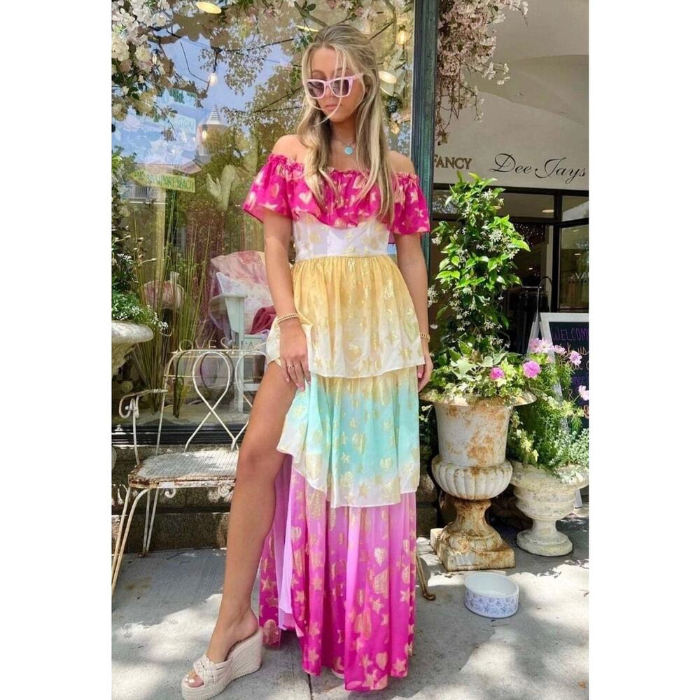 LoveShackFancy Pink Yellow Blue Tiered Off-Shoulder Maxi Dress